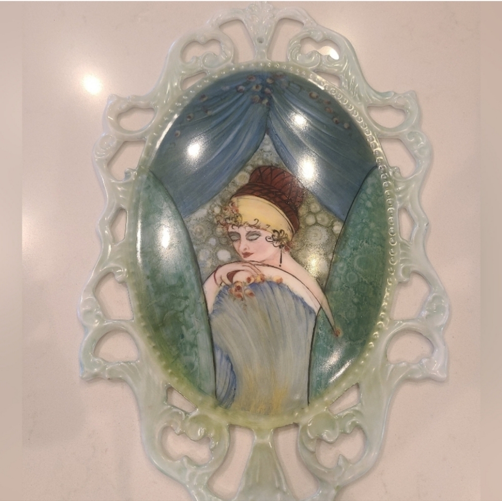 Vintage Antique Art Deco Lady Hanging Ceramic Art Appliqué